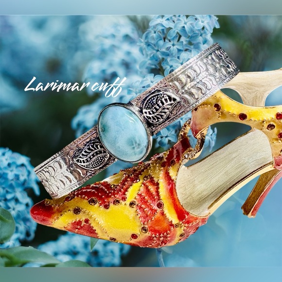 Artisan Jewelry - Solid/bold Larimar Cuff Bracelet with Silver Accents-stamped 925